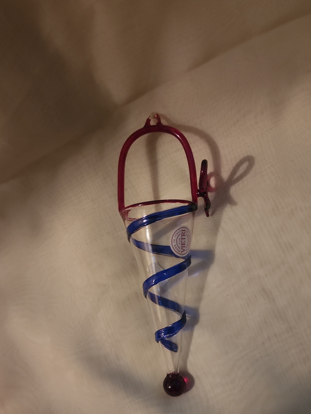 Vietri Italy Hand Blown Art Glass Cone Ornament Blue Swirl Red Bow Holiday